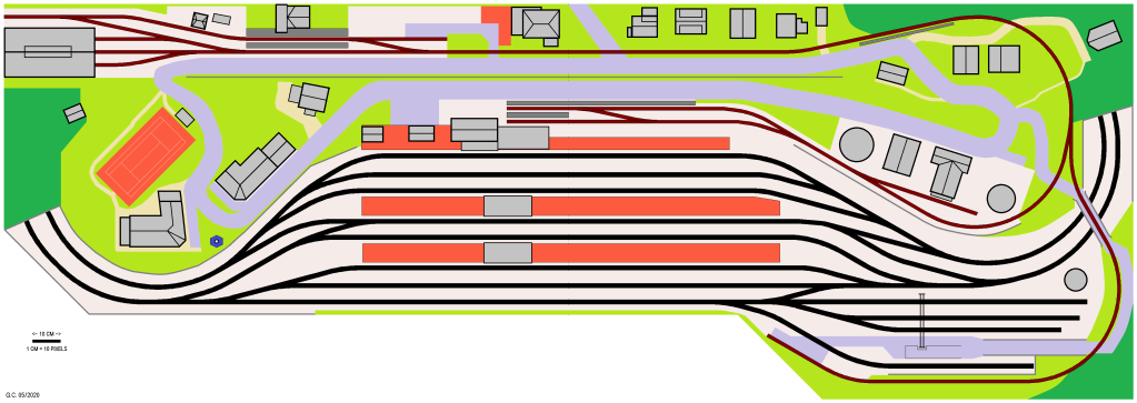 Plan de la partie visible et du décor du réseau de trains électriques miniatures.