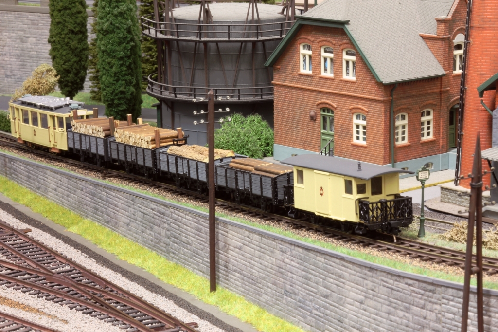 Modélisme ferroviaire HOm : train de marchandises vicinal transportant du bois.